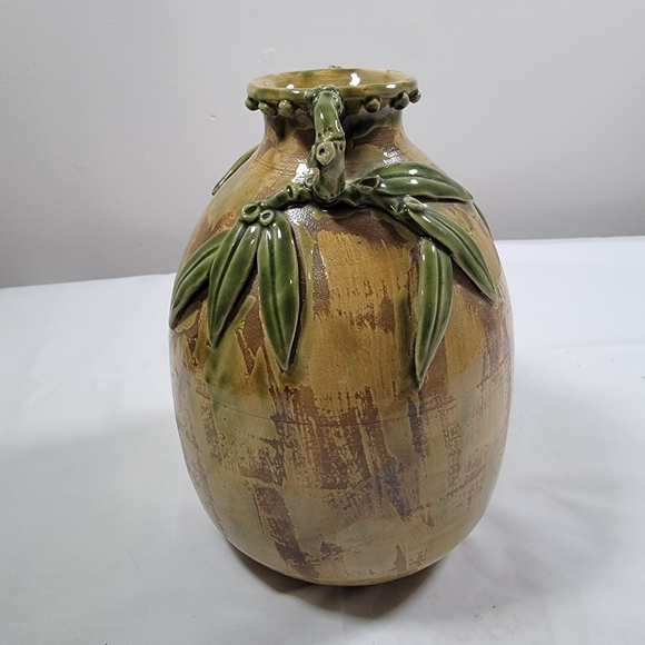 unknown Other - Vintage Handmade Glazed Pottery 8" Tall Earth Tones Bamboo Leaf DetailVase Sign